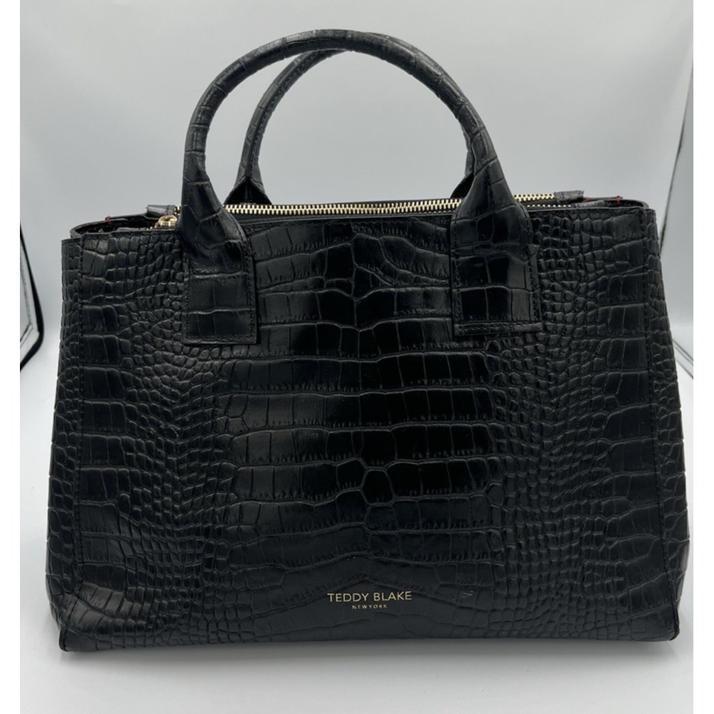 Teddy Blake Croco Bella Black Satchel Bag Red Interior Embossed Calf‎ Skin